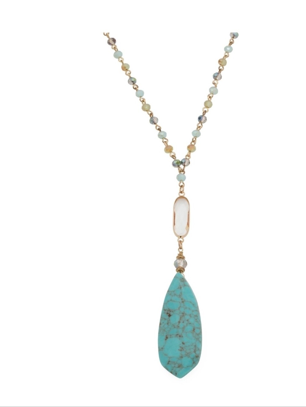 💙▪️True to form ▪️gold Plated Crystal Turquoise  Teardrop Pendant 32" Necklace